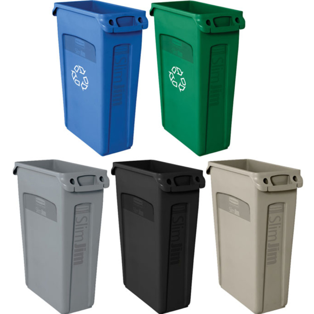 Modellbeispiele: Abfallbehälter -Slim Jim- Rubbermaid (v. l. oben Art. 12529 und 12530 unten, v.l. Art. 12528, 12527 und 12526)