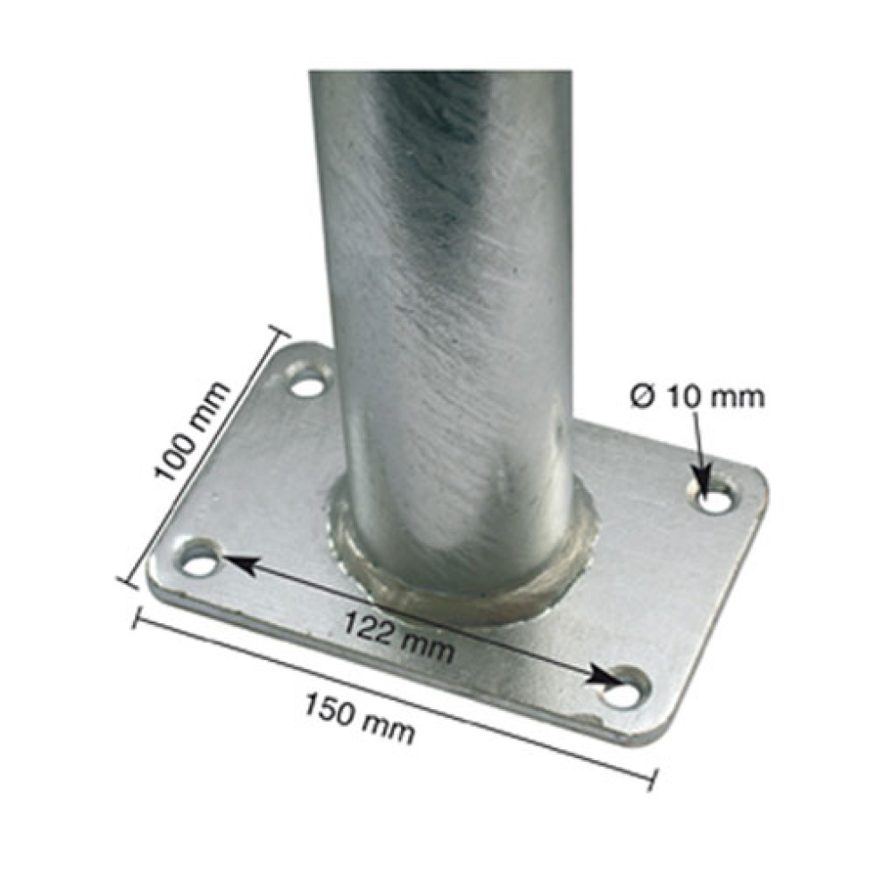 Detailansicht: Bodenplatte 100 x 150 mm des Anlehn-/Absperrbügels zum Aufdübeln (Art. 449.46p)